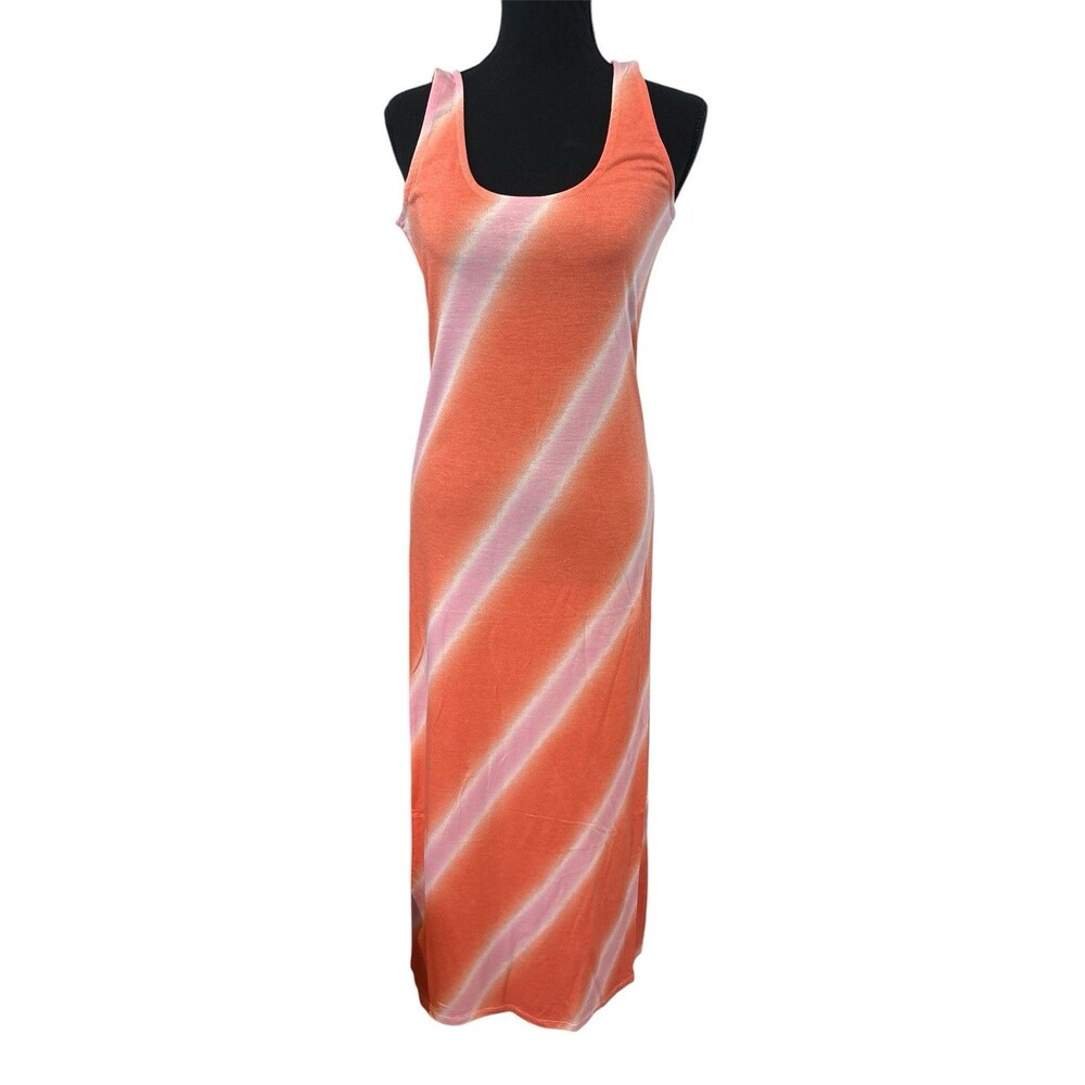 Zenana Scoop Neck Maxi Dress Stretch Orange Pink White Size Medium NEW